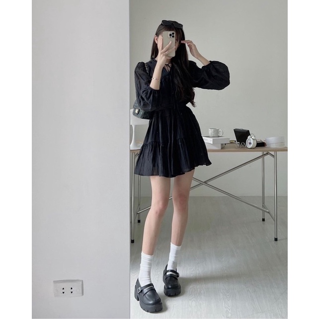 Váy babydoll Dài Tay Tơ 4 Màu Có Đai Siêu Nữ tính