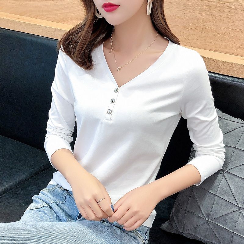 Áo Thun Nữ Tay Dài Cổ Chữ V Màu Trơn Phong Cách Hàn Quốc