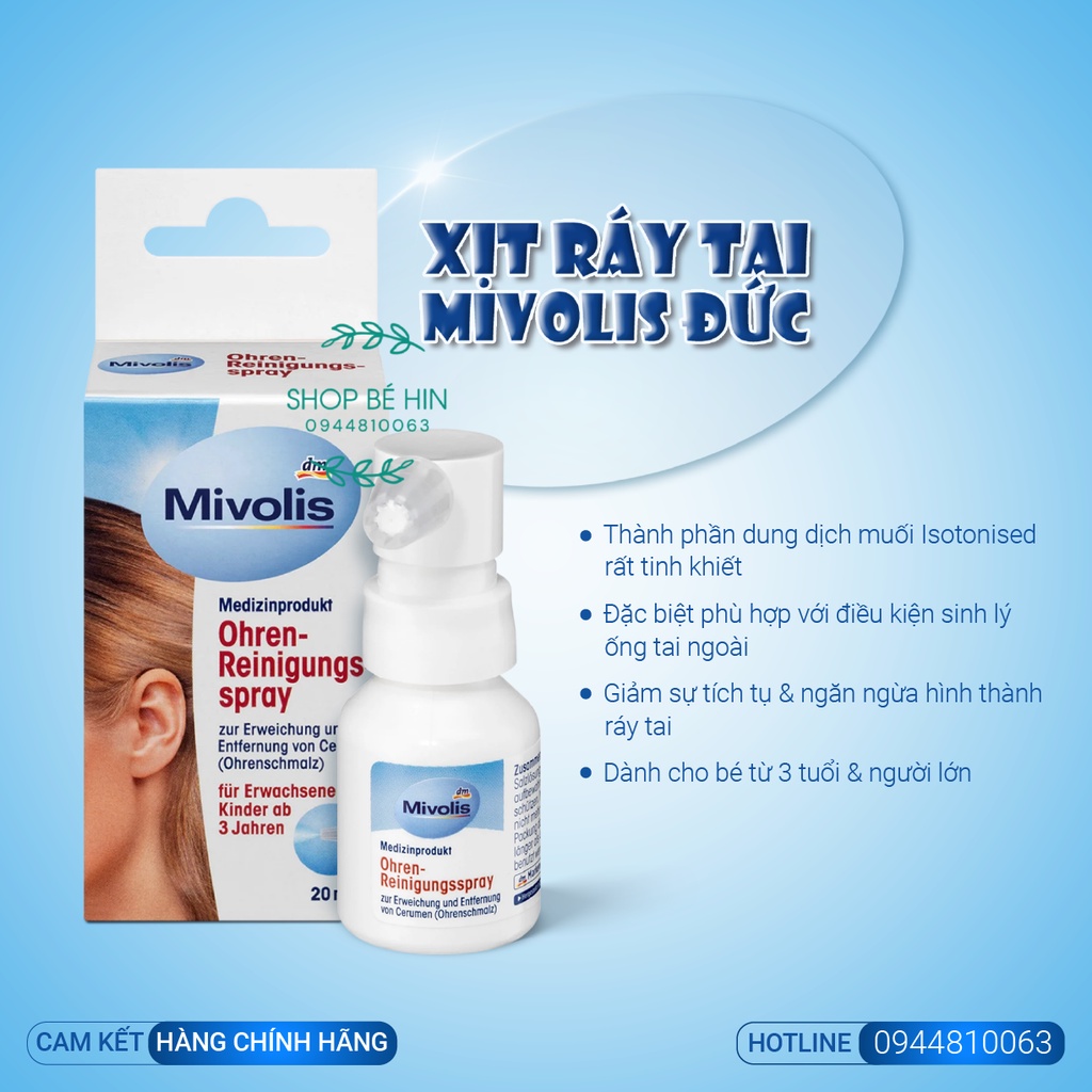 Xịt làm tan ráy tai cho bé và người lớn Mivolis Đức 20ml, xịt vệ sinh tai trẻ em