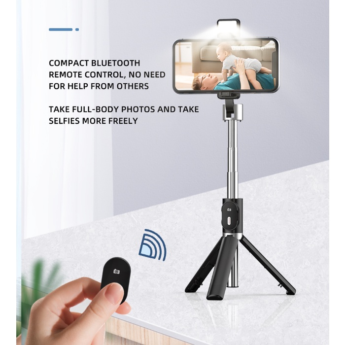 Gậy Selfie Stick Tripod Xoay 360 Kèm Đèn Led Ánh Sáng Cao Cấp Điều Khiển Từ Xa Không Dây Bluetooth Cho iPhone / Android