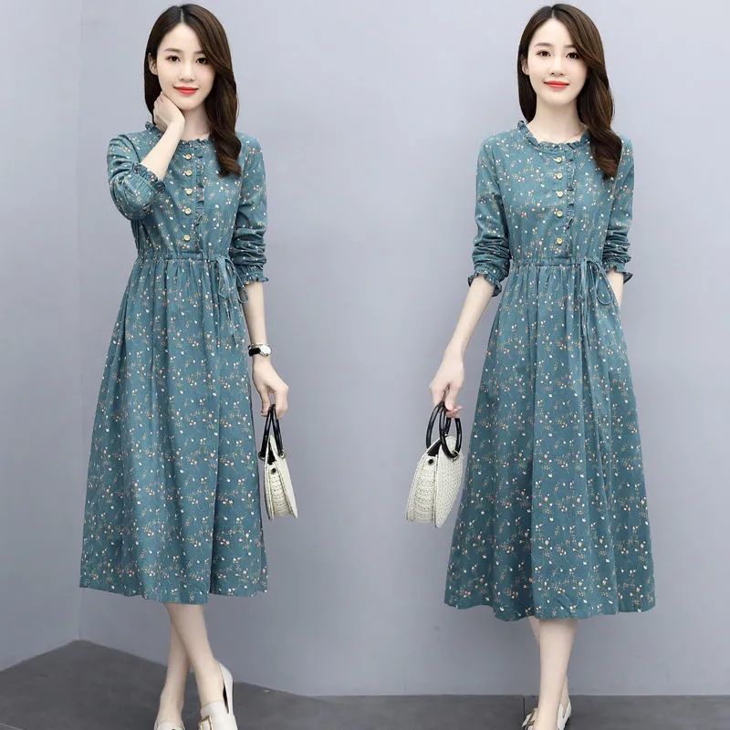 Đầm cotton lanh tay dài in hoa thời trang mùa thu cho nữ