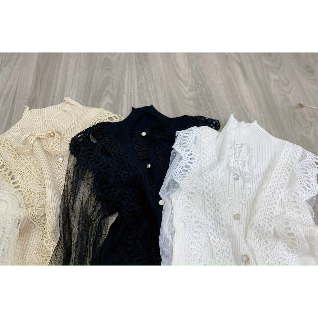 [ảnh thật-sẵn] Áo len tăm pha viền ren nơ pha tay voan hoa nổi | BigBuy360 - bigbuy360.vn