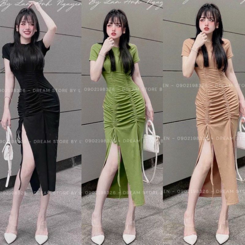 Đầm ôm body tay ngắn xẻ tà rút dây eo - 1275