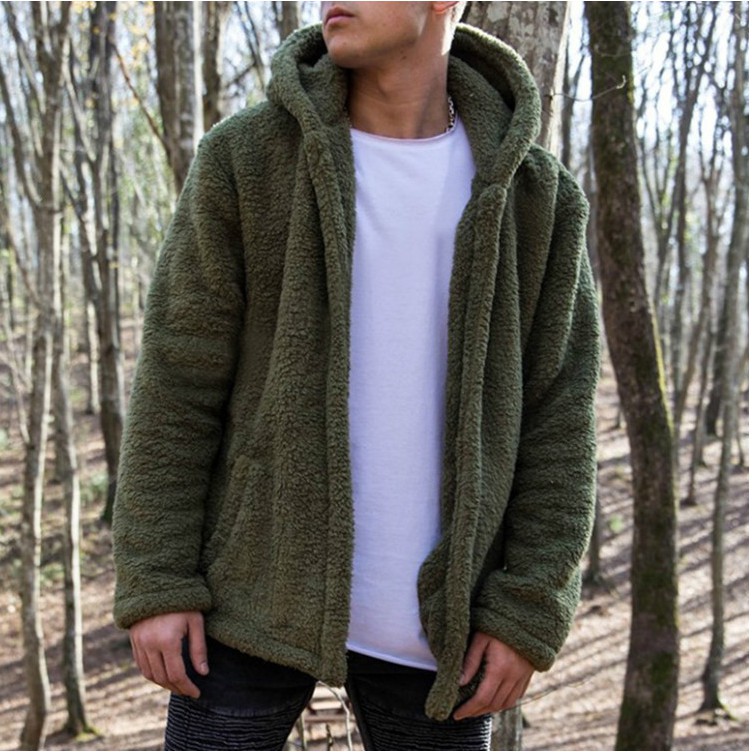 Áo khoác hoodie lông cừu tay dài dáng rộng phối túi sành điệu cho nam