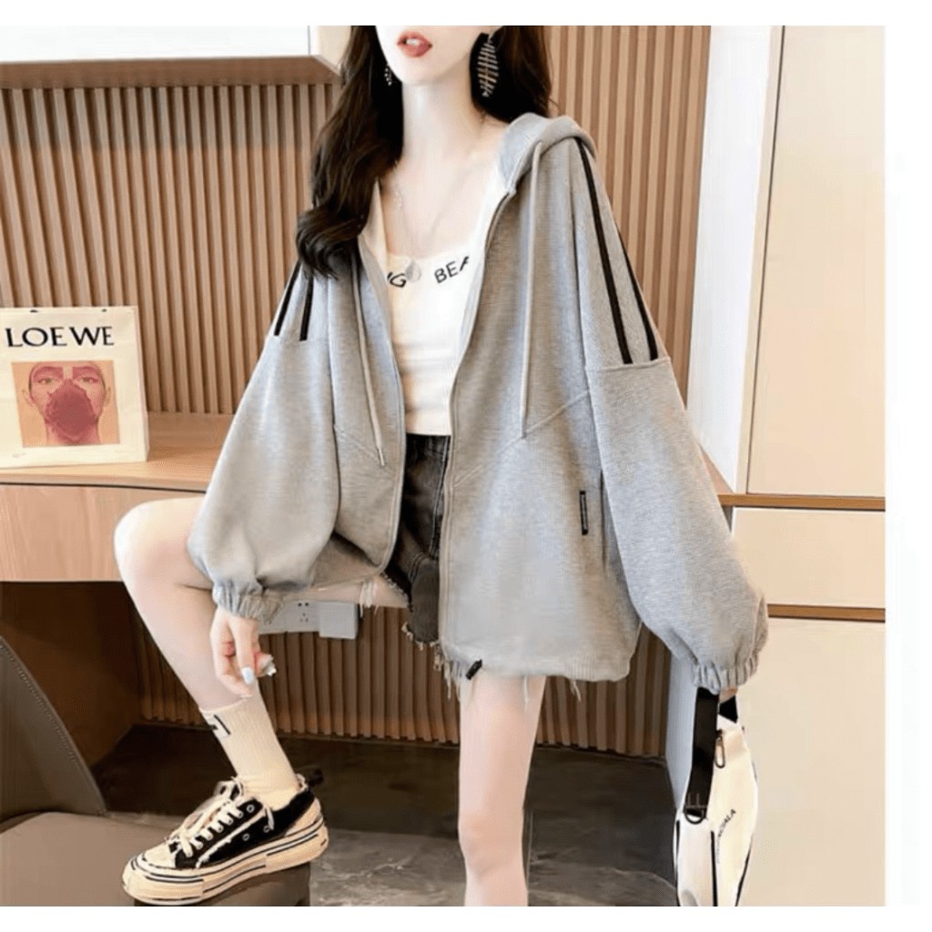 Áo khoác Hoodie Dây Kéo Phối Ba Sọc Siêu Đẹp Sang Chảnh