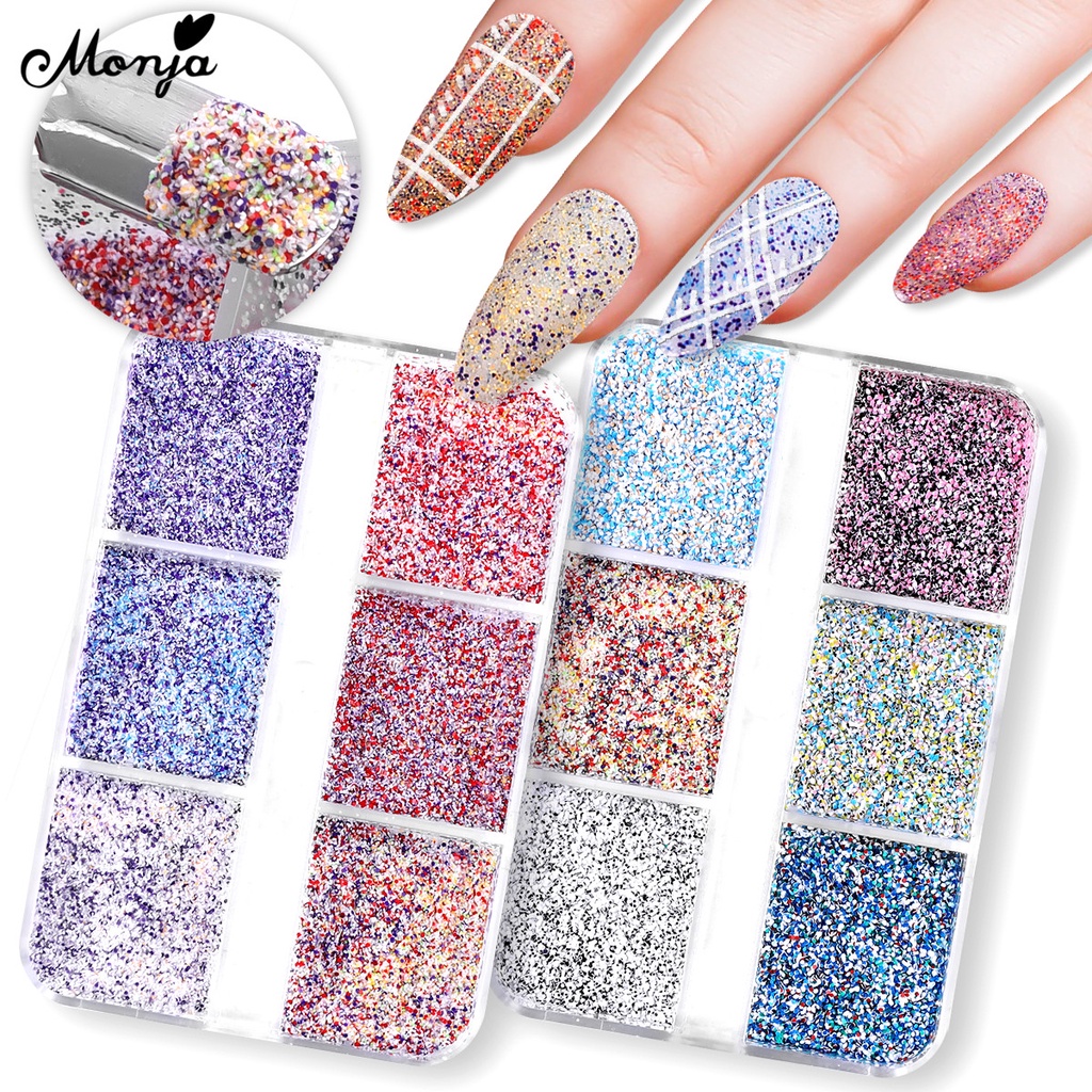 MONJA Hộp bột kim tuyến 6 ngăn dùng trang trí móng tay nhiều màu sắc