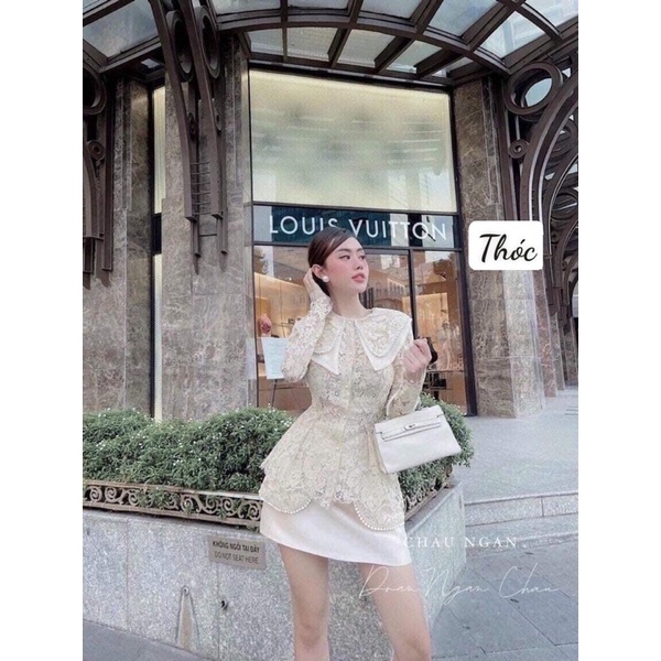 Set áo sơmi ren cổ ngọc mix chân váy A tafta