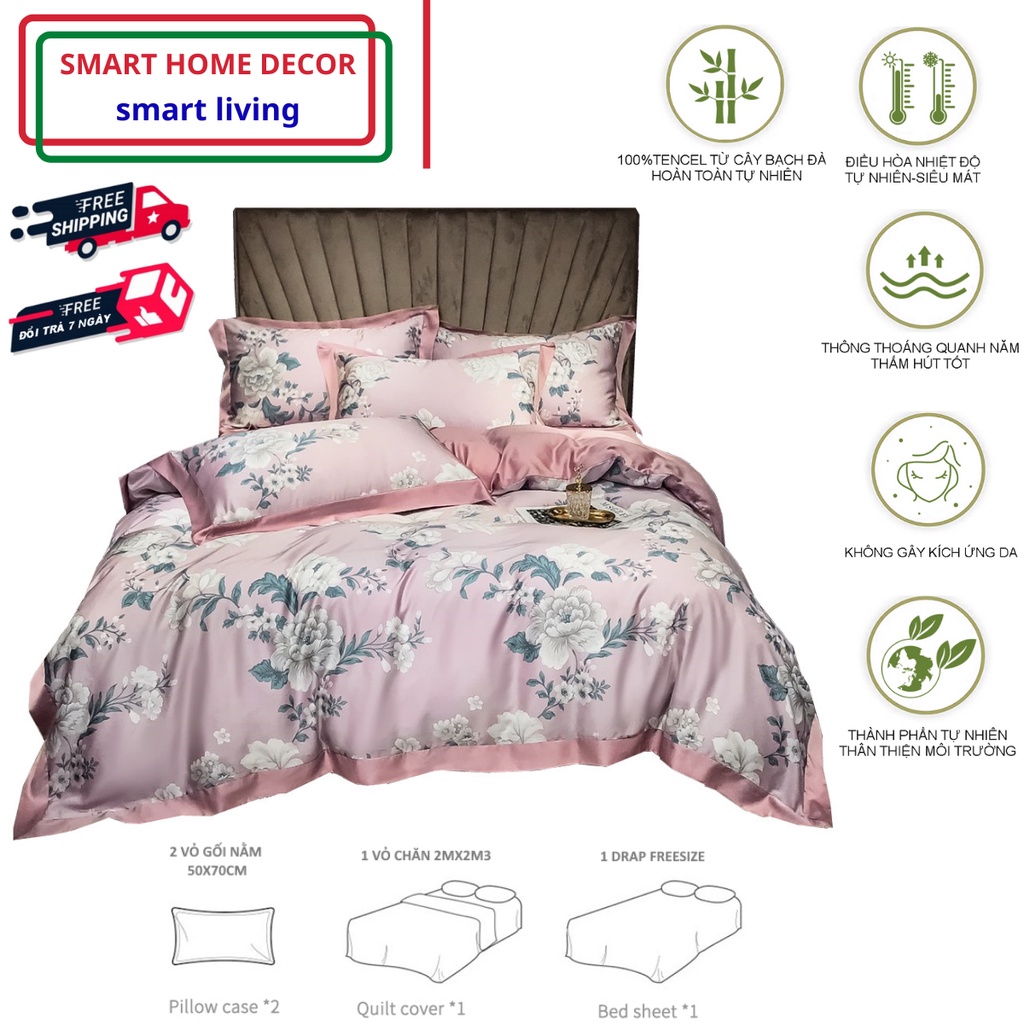 Bộ chăn ga gối cao cấp 100%Tencel 100s, họa tiết Hoa Mẫu đơn, mang ý nghĩa của sự giàu sang, phú quý, chất liệu siêu mềm