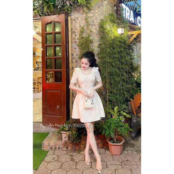 VÁY THÔ  NƠ VAI xếp ly DÁNG XOÈ ngắn cổ chữ V tay bồng ôm eo sang chảnh tiểu thư sexy công sở đi làm đi chơi du lịch