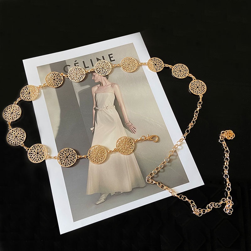 Thắt Lưng Dây Xích Mặt Tròn Khắc Họa Tiết Hoa Màu Vàng / Bạc Sang Trọng Thời Trang Cho Nữ