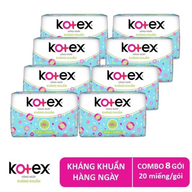 ( mẫu mới) 8 Gói BVS hàng ngày Kotex Kháng khuẩn (20 miếng)