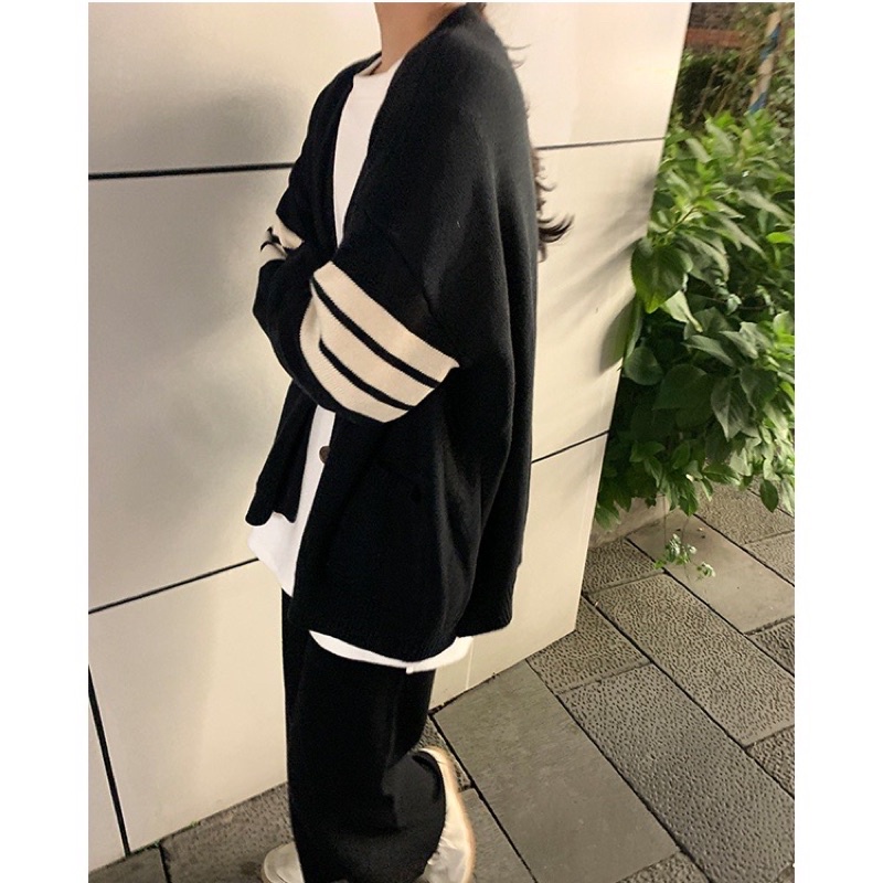 Áo khoác len cardigan viền tay 3 sọc form rộng thời trang