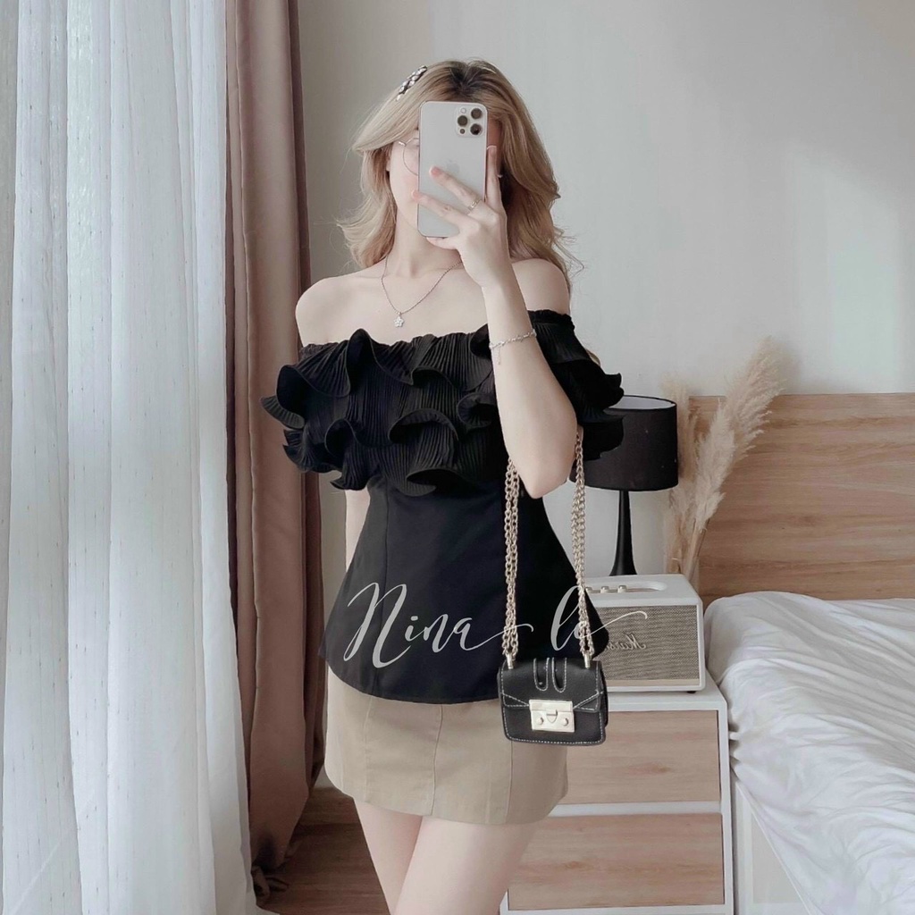 [8.8 Sales Freeship] Set áo bèo sóng trễ vai + chân váy chữ A, áo bẹt vai bèo tầng xếp li nhiều màu dễ thương