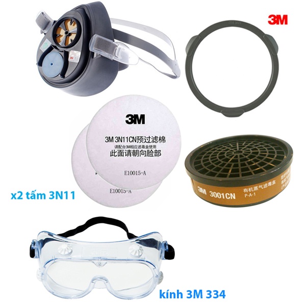 3M 3200-Mặt nạ phòng độc 3M có kính chống hóa chất 3M 334, JG101 lọc hơi acetone, xăng dầu dùng phun sơn, phòng khói độc
