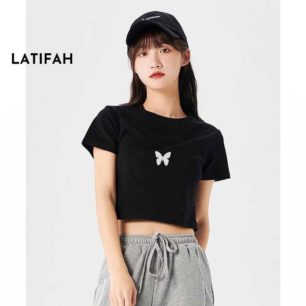 Áo thun croptop tay lỡ Latifah in hình con Bướm AT011 thun co giãn 4 chiều