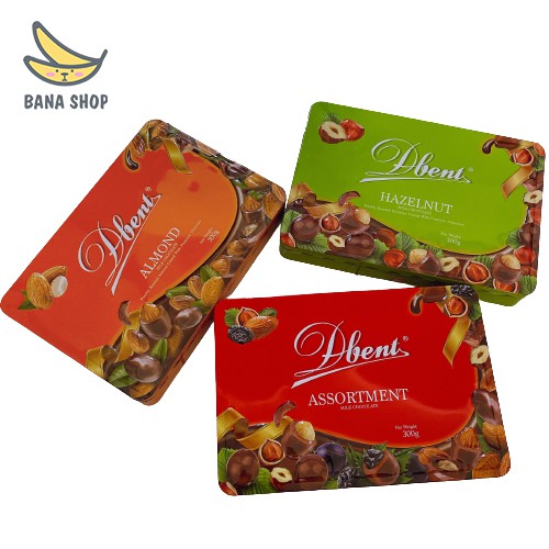 Kẹo socola sữa hạt dẻ/ hạnh nhân/ mix hạt & trái cây - milk chocolate almon/hazelnut/assortment Đbent hộp thiếc 300g