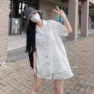 Set vest đũi áo sơ mi trắng + quần đùi, form rộng tay lỡ TDK6