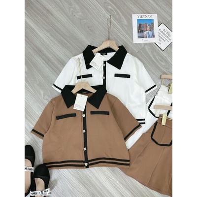 Sét bộ viền cổ bẻ chân váy li xoè 2 túi