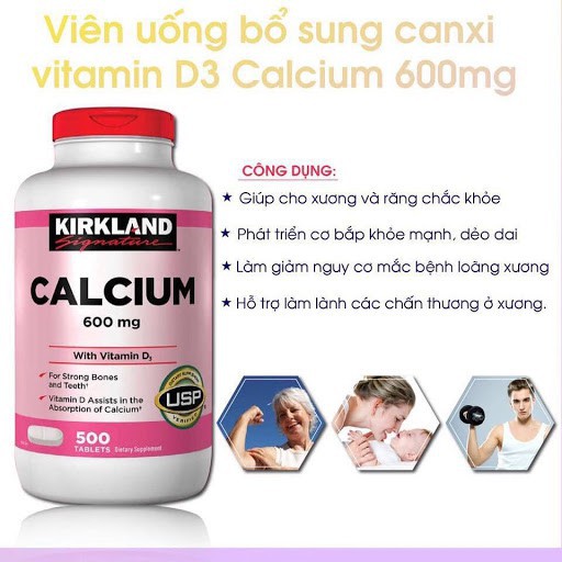 Viên uống hỗ trợ xương chắc khỏe Kirkland Calcium 600Mg with vitamin D3 500 viên Healthy Care quatangme