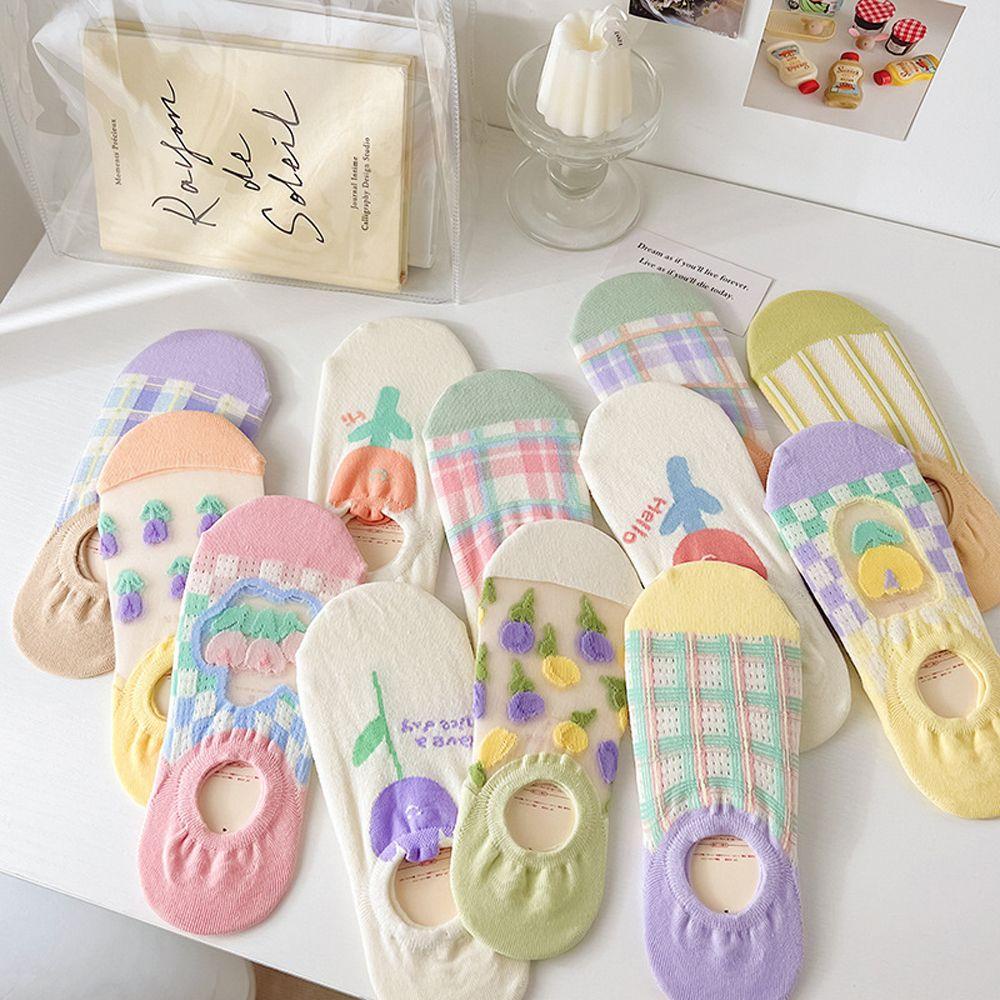 FORBETTER Vớ Thuyền Vải Cotton Phối Lưới Xuyên Thấu Họa Tiết Hoa Tulip Phong Cách Harajuku Cổ Điển Thời Trang