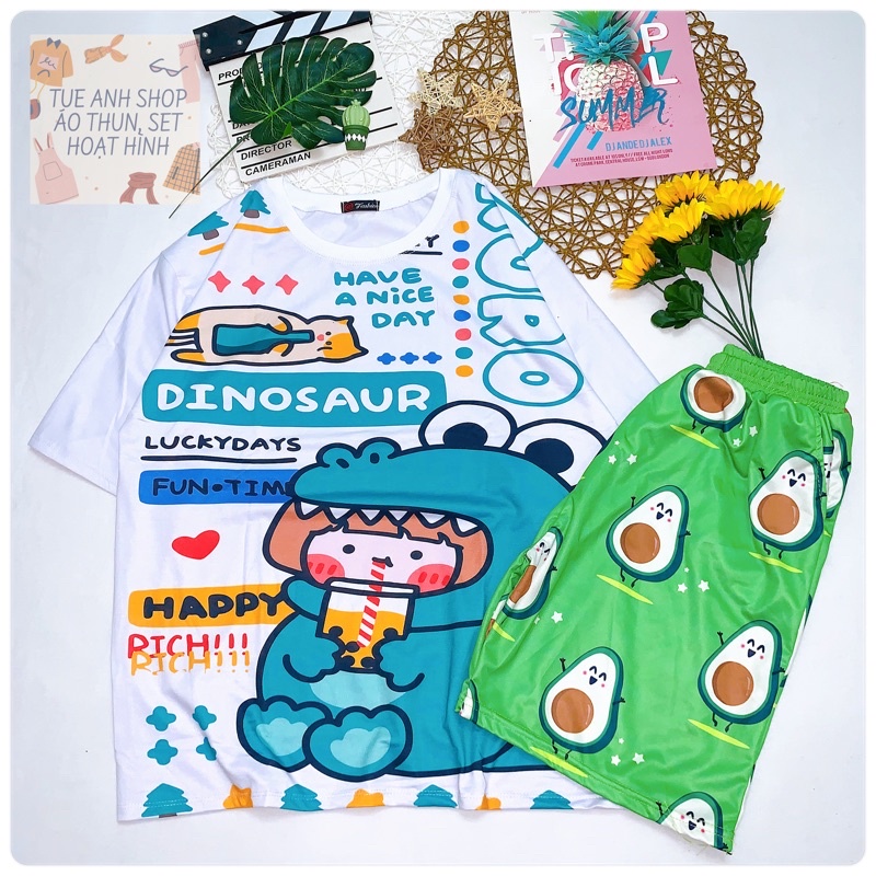 Đồ Bộ Hoạt Hình Set Cartoon Đùi KHỦNG LONG TRÀ SỮA mặc nhà from rộng Unisex Freesize 38-70kg Nam nữ