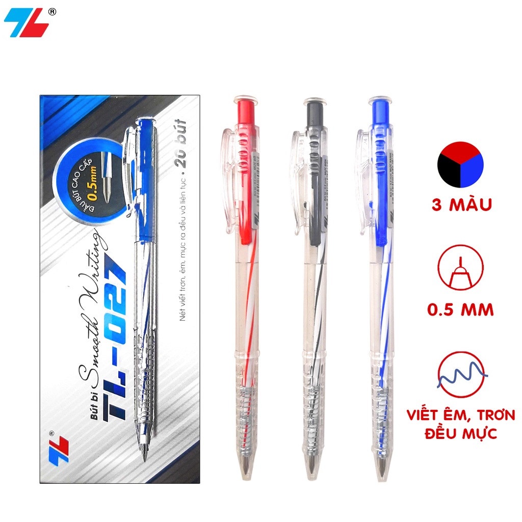 Sỉ - Hộp 20 Bút bi Thiên Long 0.5mm TL-027, 3 màu Xanh - Đen - Đỏ, Ruột thay thế BPR-06