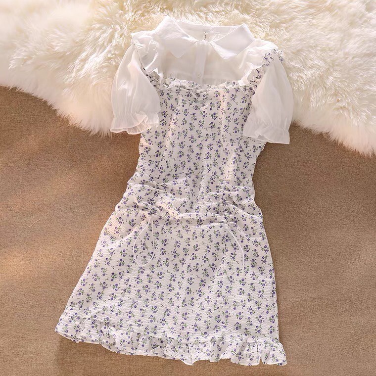Set Váy Hoa Nhi Rút Dây Eo Mix Áo Sơ Mi Trắng