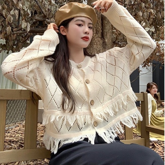 Áo cardigan ZHELIHANGFEI dệt kim tay dài lưng cao phối tua rua dễ phối đồ cho nữ