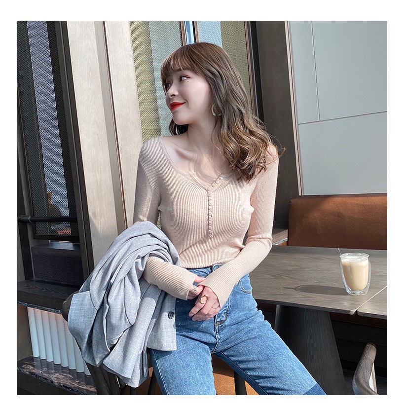 Áo Len Tăm Cổ V Đính Cúc Ngực, Hàng Quảng Châu- 003