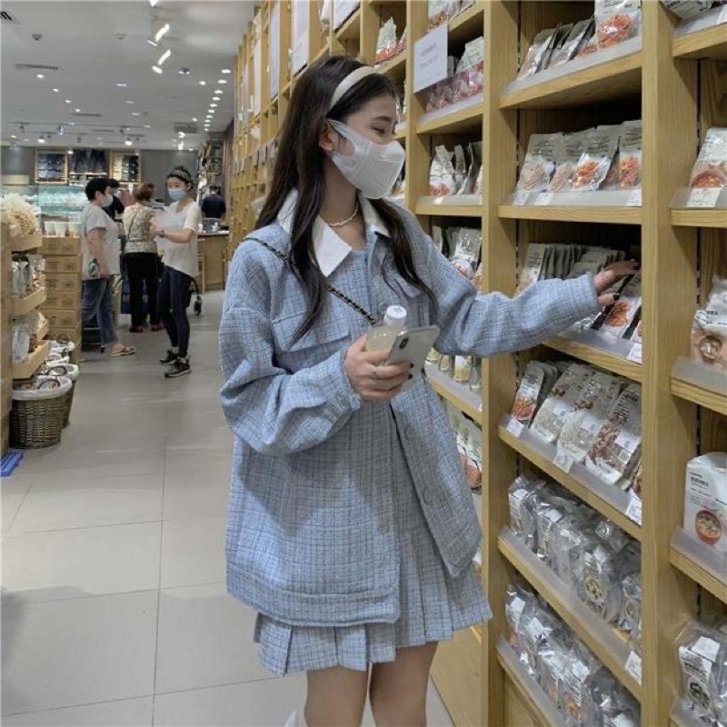 (Bán tách set) Set áo khoác sơ mi dạ tweed + chân váy xếp li cạp cao xanh pastel Yannie