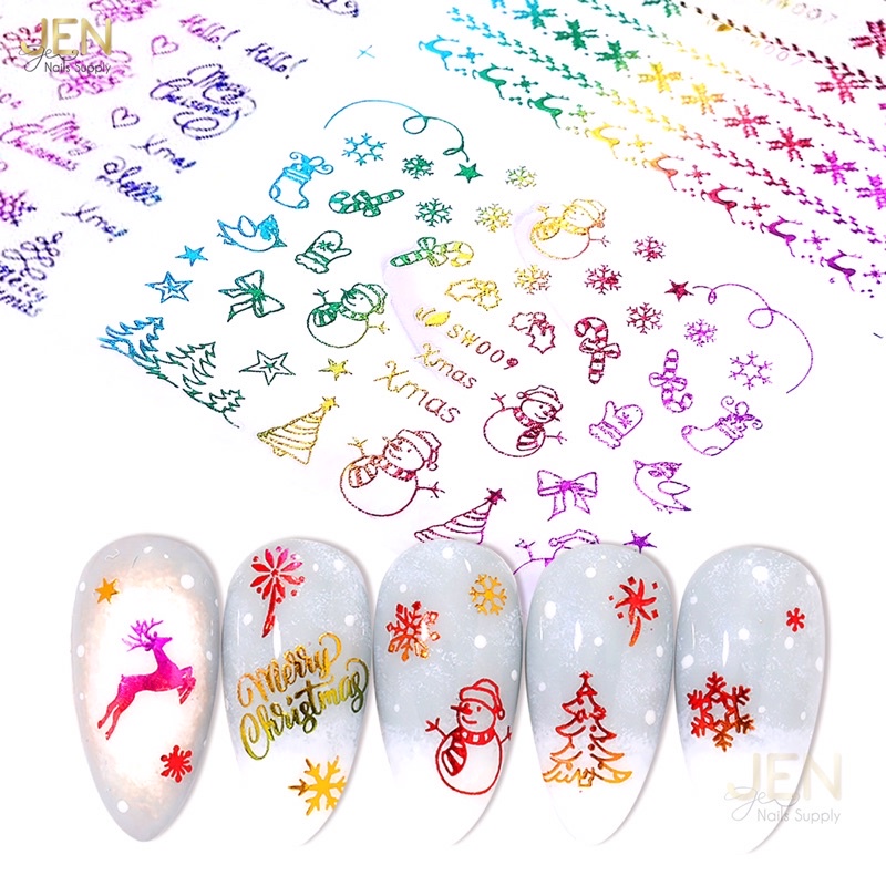 Sticker noel dán móng-hình dán nail bông tuyết cây thông Giáng sinh mix màu