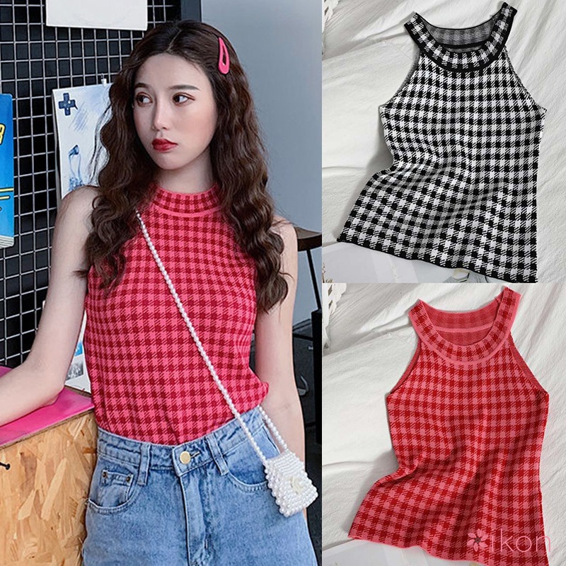 Áo Hai Dây Cổ Yếm Dáng Ôm Sọc Ca Rô Thời Trang Xinh Xắn Cho Nữ