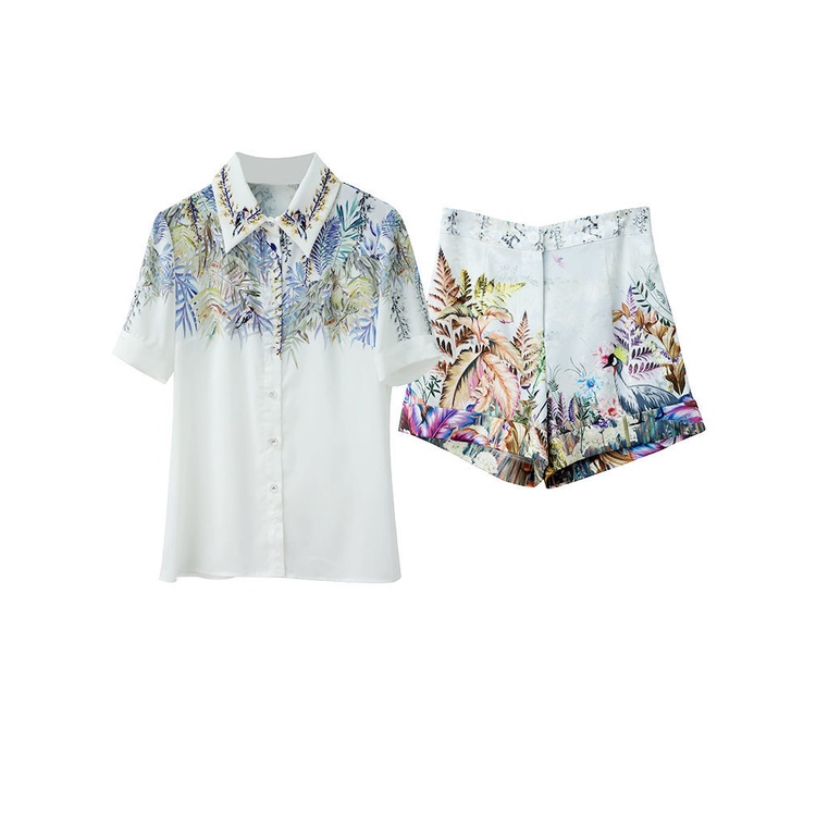 Bộ Áo Sơ Mi In Họa Tiết + Quần Short Lưng Cao Thời Trang Mùa Hè Cá Tính Cho Nữ
