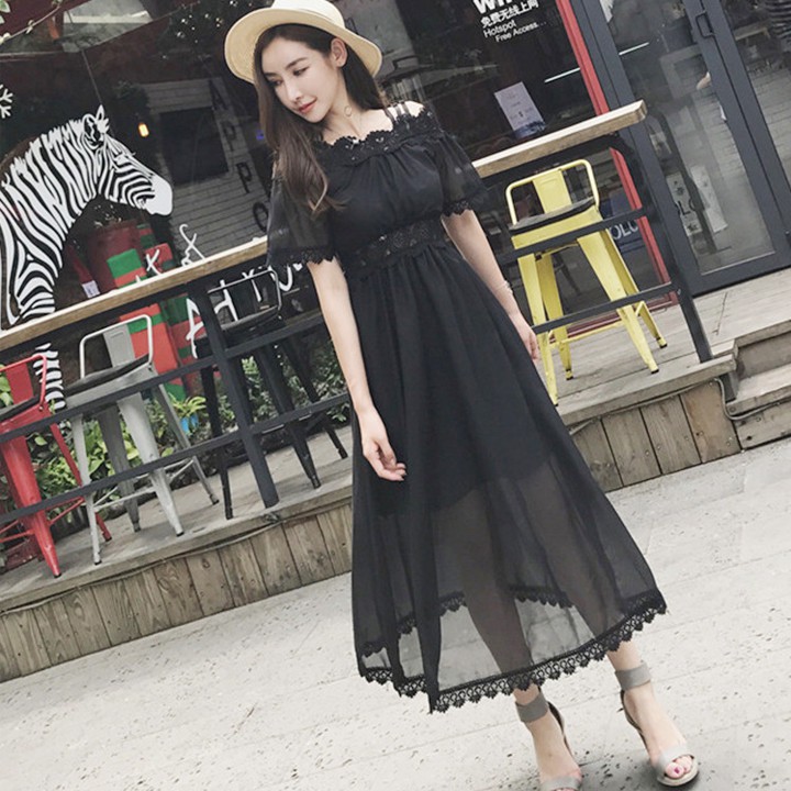 Đầm maxi voan dáng dài phối ren phong cách Hàn Quốc (màu đen)