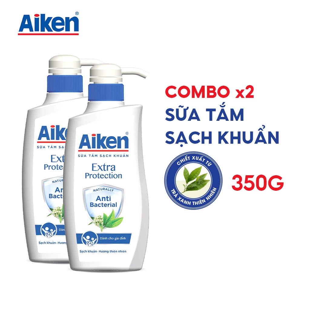 Bộ 3 sản phẩm Aiken sạch khuẩn: 2 sữa tắm trà xanh 350g + gel rửa tay 250ml