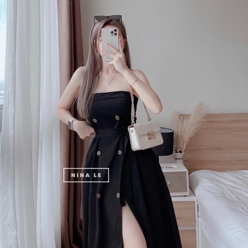Đầm maxi phối nút cột eo
