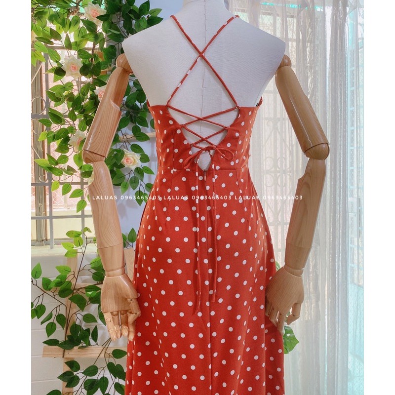 Đầm bigsize 2 dây hở lưng chấm bi có mút ngực Laluas