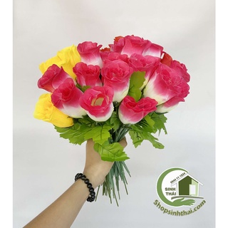 Cành hoa hồng ca sĩ màu vàng, hồng, đỏ - hoa hồng giả cao cấp