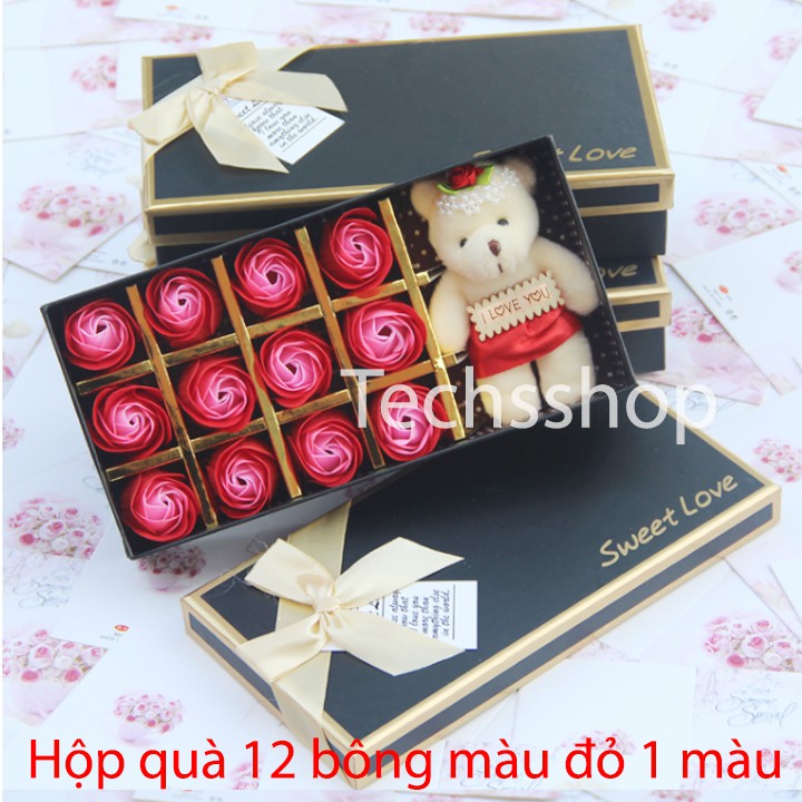 Hộp quà hoa hồng sáp 12 bông hồng kèm gấu - Quà tặng cho mẹ - Quà 8/3 cho bạn gái - Sweet love