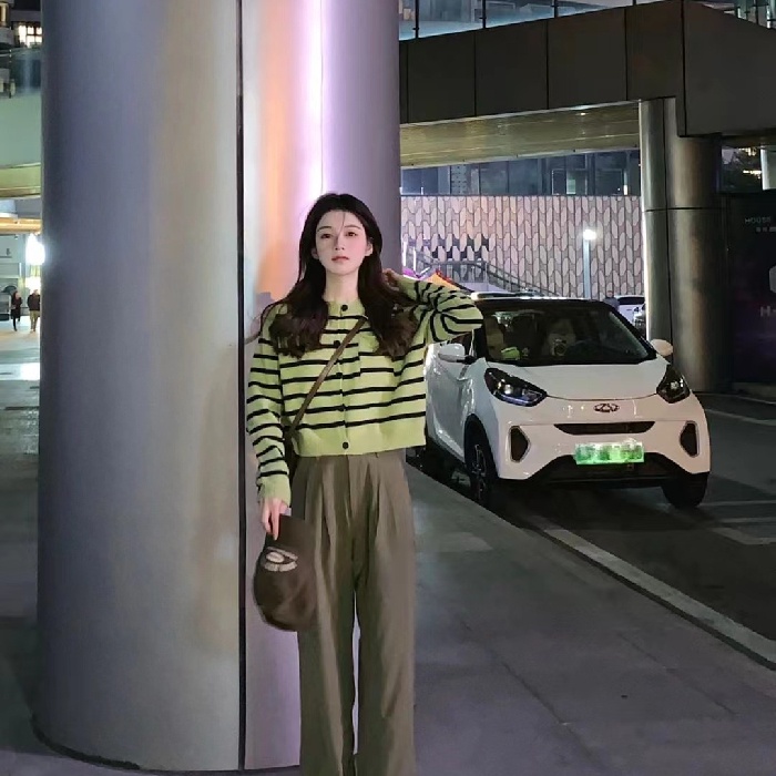 ZHELIHANGFEI Áo Cardigan Dệt Kim Tay Dài Dáng Rộng Lưng Cao Kẻ Sọc Xanh Lá Kiểu Retro Dễ Thương