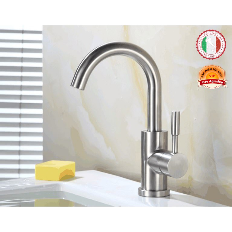 Vòi Lavabo nóng lạnh (cần cong) SUS304 - Cao cấp ITALIA (Kèm đôi dây cấp nước)