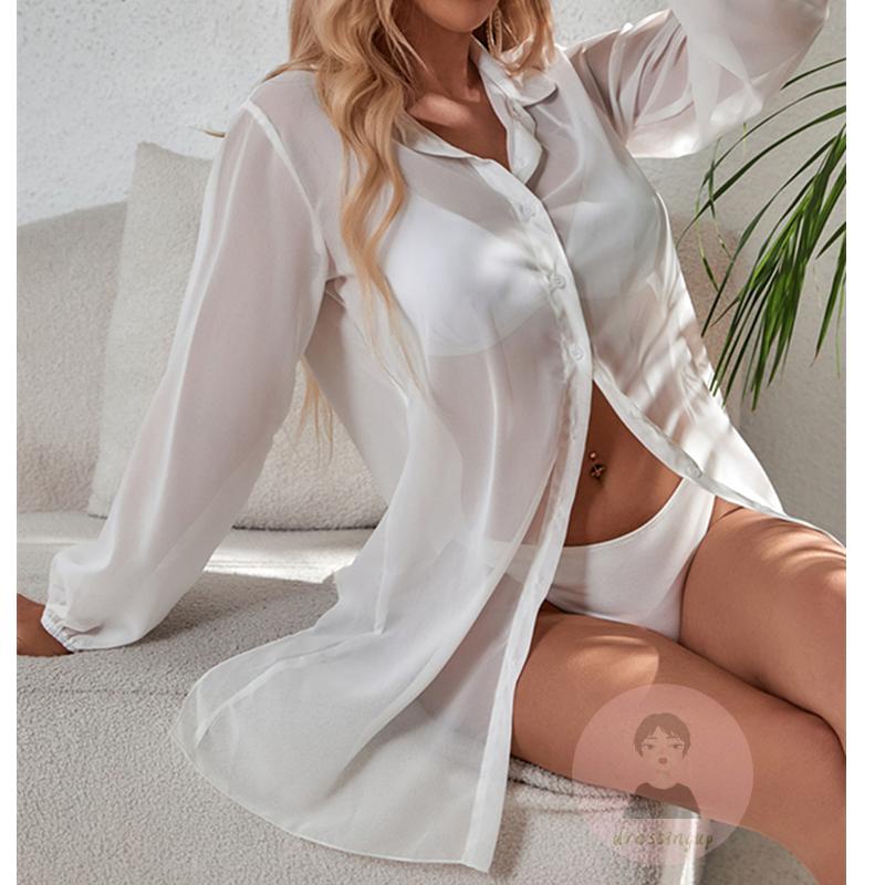 Áo Khoác Ngoài Bikini Tay Dài Dáng Rộng Cài Khuy Màu Trơn Thời Trang Mùa Hè Cho Nữ