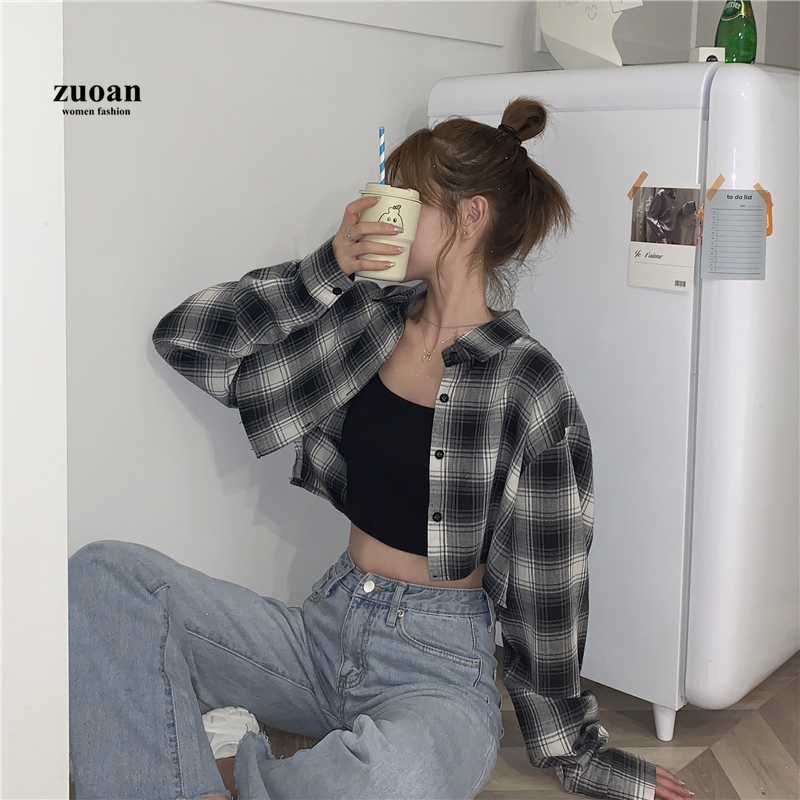 SUXI Áo croptop dài tay kẻ sọc ô caro