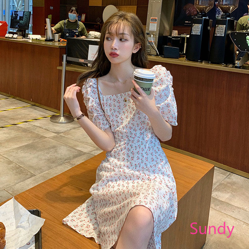 Đầm Cổ Vuông In Họa Tiết Hoa Phong Cách Retro Pháp Nữ Tính Cho Mùa Hè