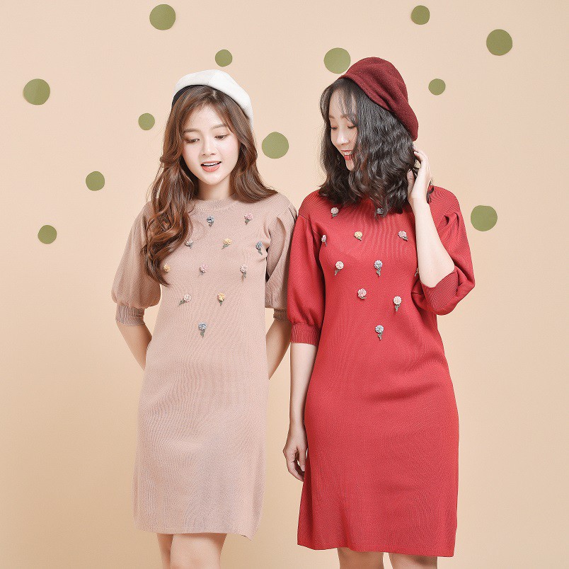 ĐẦM LEN HOA ĐÍNH HOA NỔI [RN24].