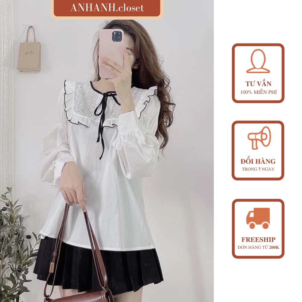 Áo sơ mi nữ trắng viền ren nơ đen tay dài tiểu thư thanh lịch ANHANH.closet
