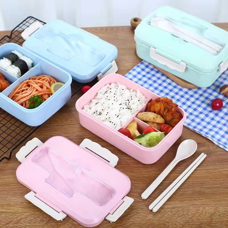 [CHỌN MÀU] Hộp Cơm Kèm Muỗng Đũa Hộp Đựng Cơm 3 Ngăn Lúa Mạch Tiện Dụng