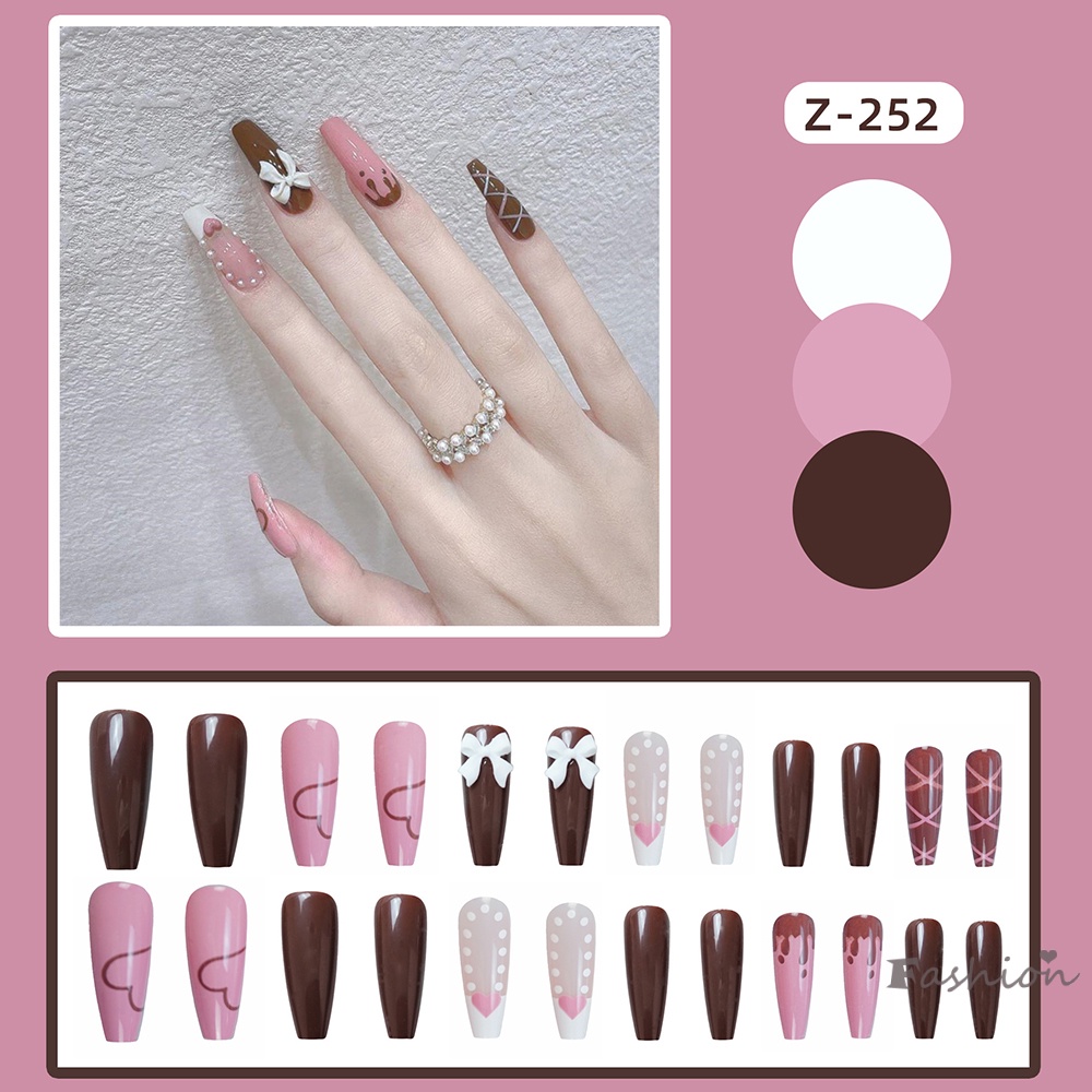 Bộ 24 Móng Tay Giả 3D Màu Cà Phê Xinh Xắn Cho Nữ