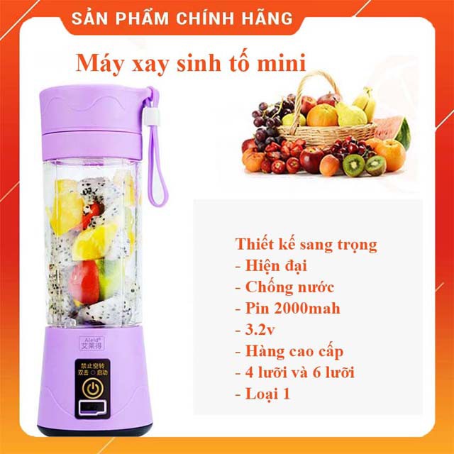 Máy xay sinh tố, trái cây mini cầm tay nhỏ gọn 0803, nhiều màu, tiện lợi dễ mang theo khi đi làm, 50W - 380ml 6 lưỡi