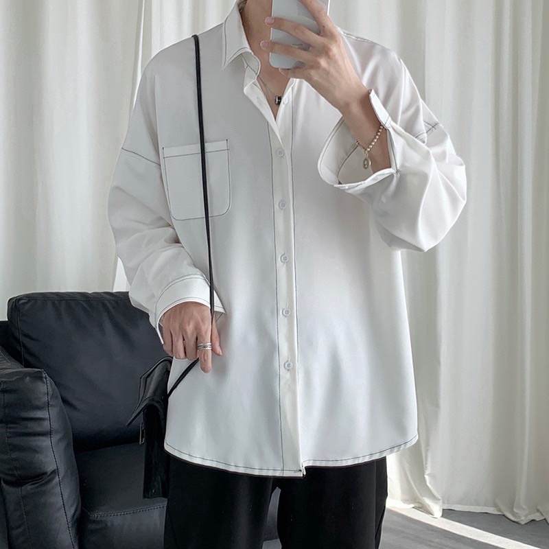 Áo Sơmi Lụa tay dài CHỈ NỔI màu ĐEN/TRẮNG phong cách Ulzzang  Nam Nữ  Áo Sơ mi form rộng Jaystoree